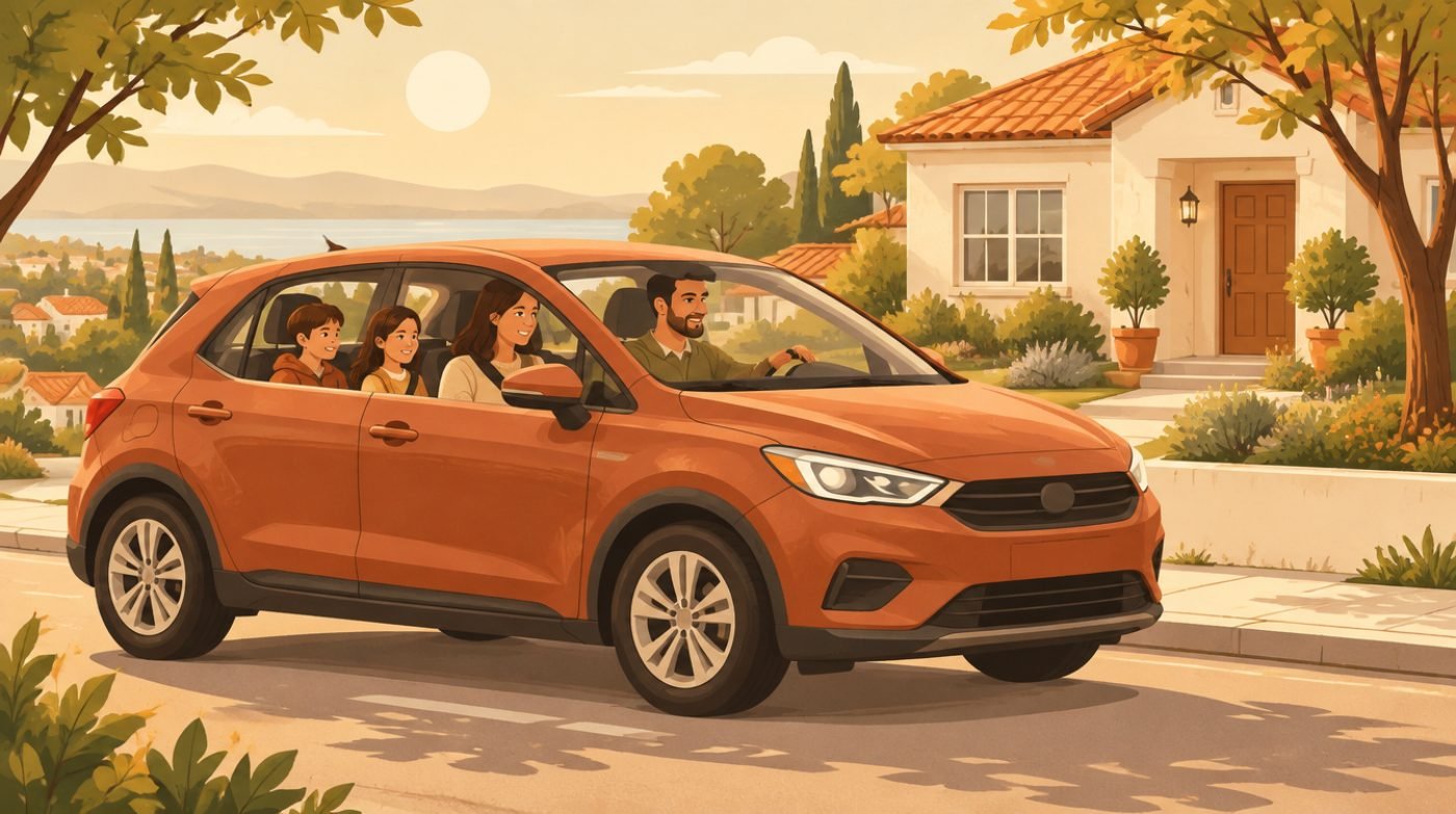 Illustration: Familienauto vor einem Haus für die Autofinanzierung