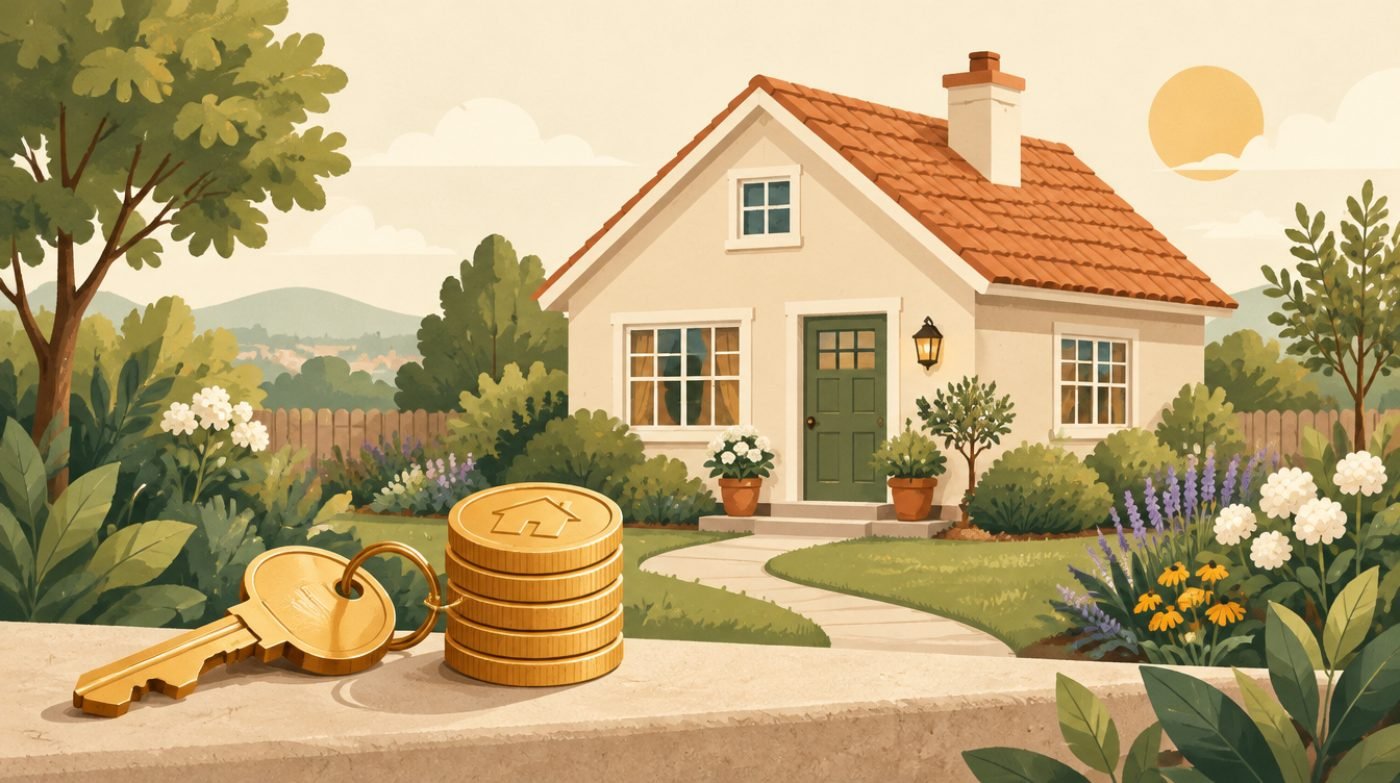 Illustration: Kleines Haus mit Garten, Schlüssel und Münzstapel für die Baufinanzierung