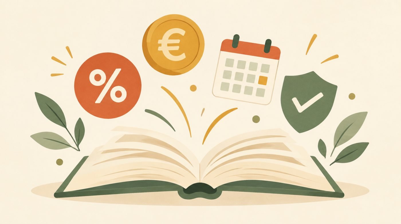 Illustration: Aufgeschlagenes Buch mit Symbolen für Zins, Euro, Kalender und Schutz