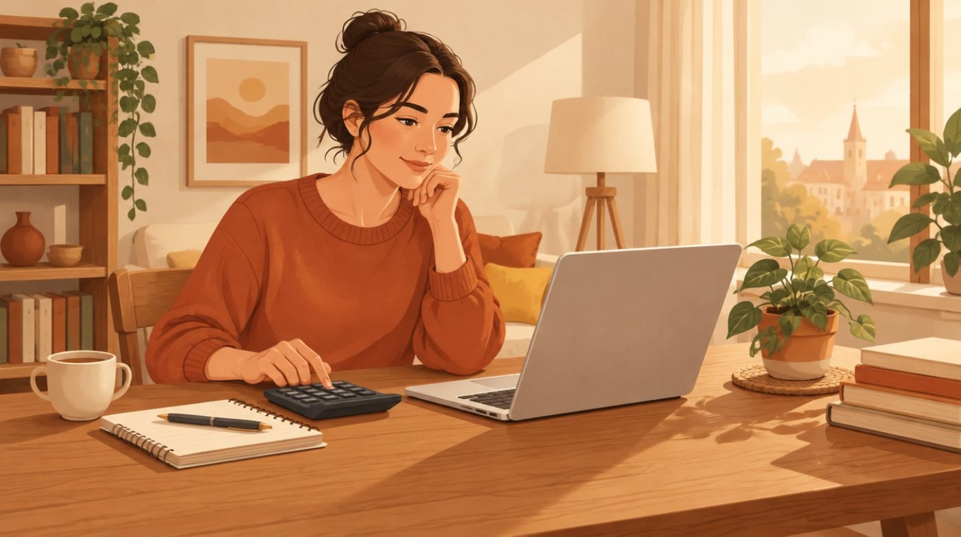 Illustration: Person rechnet am Schreibtisch einen Ratenkredit durch